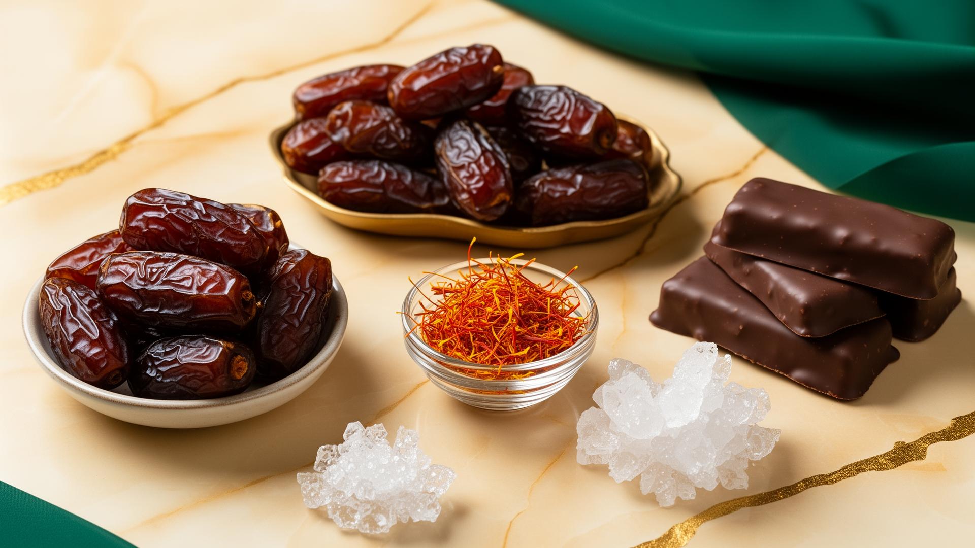 Premium Middle Eastern food products: dates, saffron, rock candy and chocolate date bars